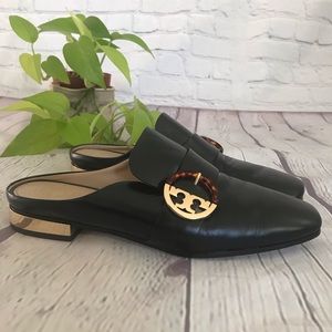 Tory Burch Leather Loafer Slides w/Tortoise Buckle